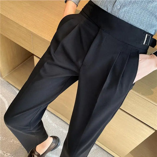 British Style Men's Pants – Slim Fit, High Waist with Belt, Elegant and Versatile for Events and Office
