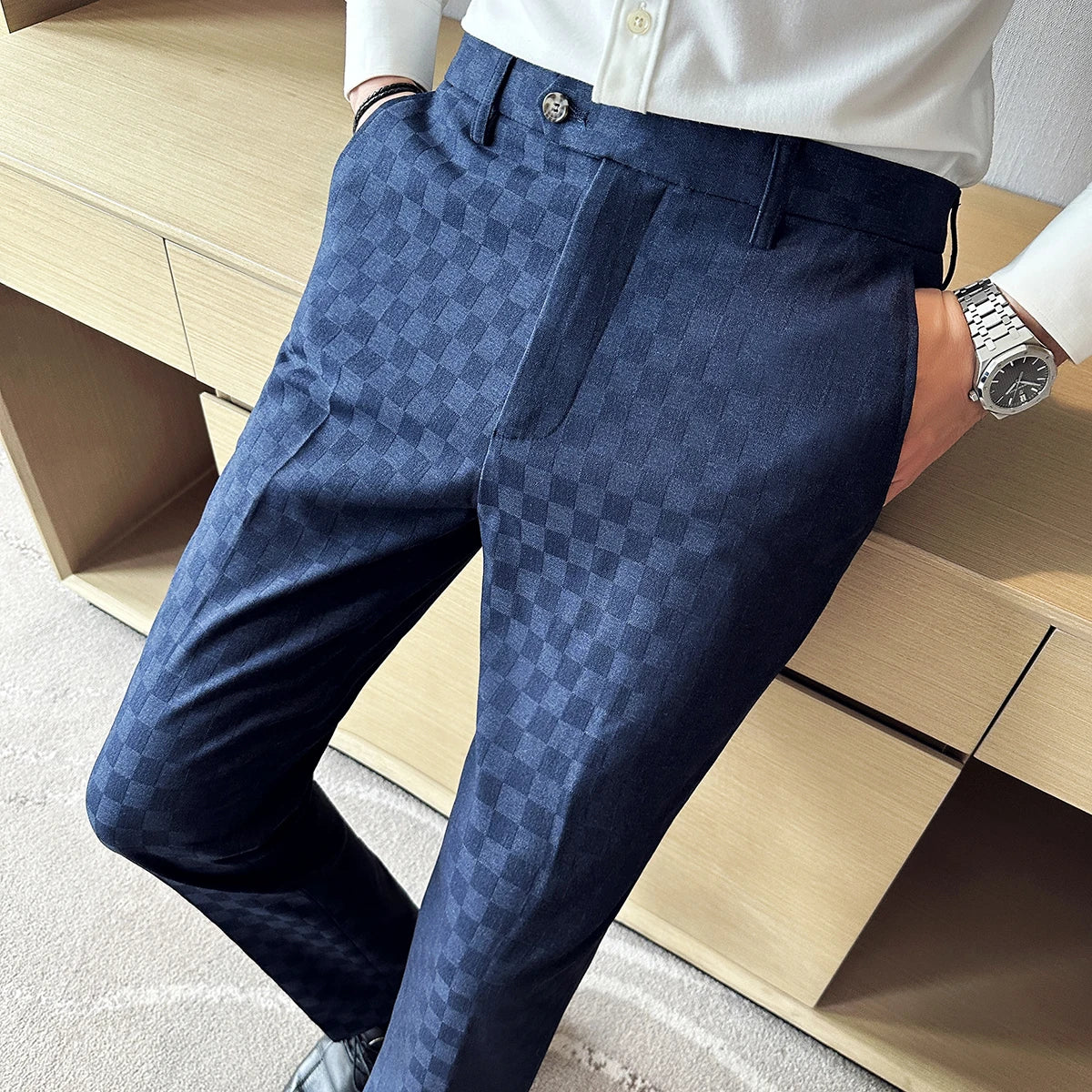 Elegant Men's Pants – Slim Fit, Plaid, Versatile for Work, Weddings, and Social Events