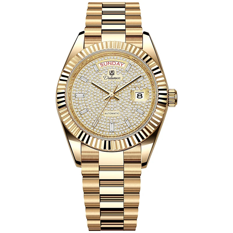 Luxury gold wristwatch with diamond-studded dial, day and date display, and gold bracelet