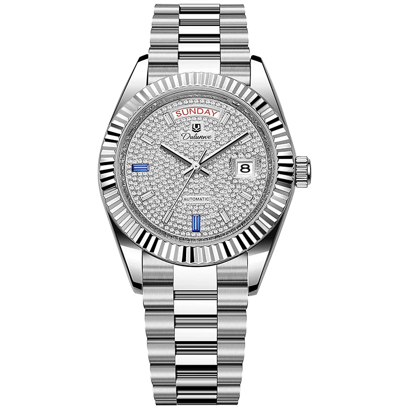 Luxury silver watch with diamond-studded dial, blue hour markers, date and day display