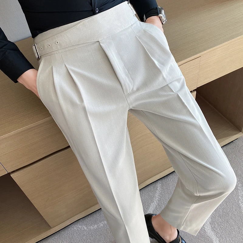 British Style Men's Pants – Slim Fit, High Waist with Belt, Elegant and Versatile for Events and Office