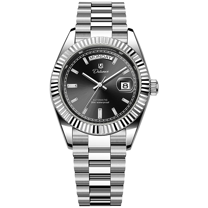 Men's luxury stainless steel watch with black dial, day and date display, silver link bracelet