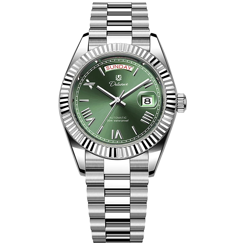 Silver stainless steel watch with green dial, day and date display, Roman numerals.