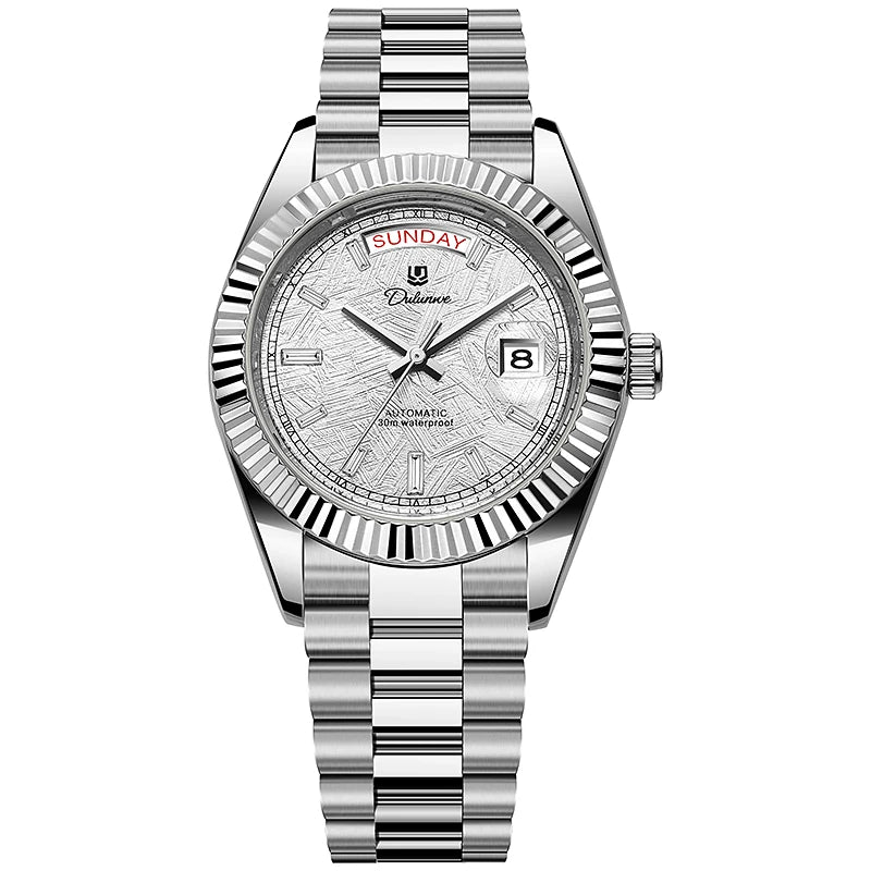 Luxury silver stainless steel wristwatch with textured dial, day and date display
