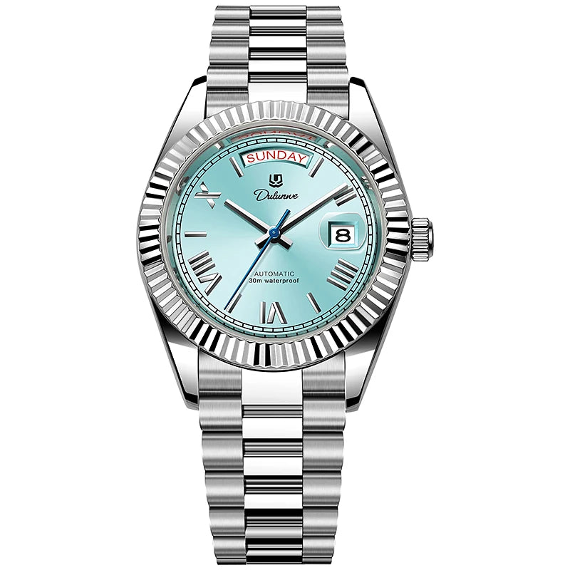 Luxury silver automatic wristwatch with blue dial, Roman numerals, date and day display