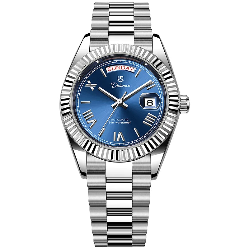 Men's silver stainless steel wristwatch with blue dial, day and date display, Roman numerals