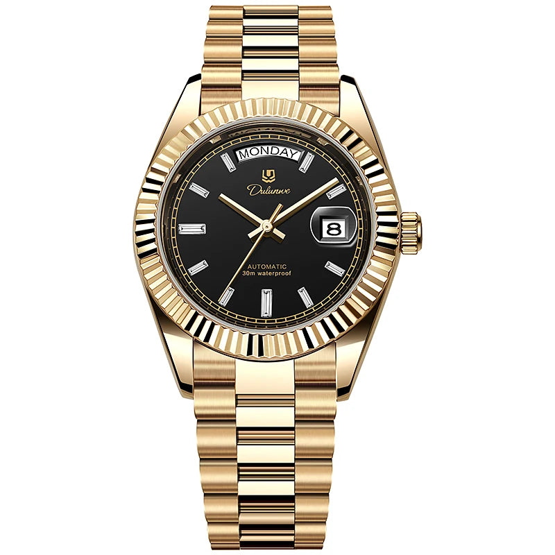 Gold luxury men's watch with black dial, day and date display, and stainless steel bracelet