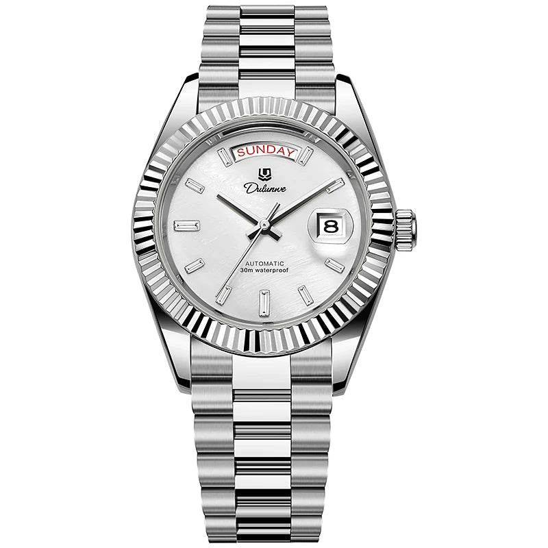 Silver stainless steel luxury automatic wristwatch with date and day display on dial