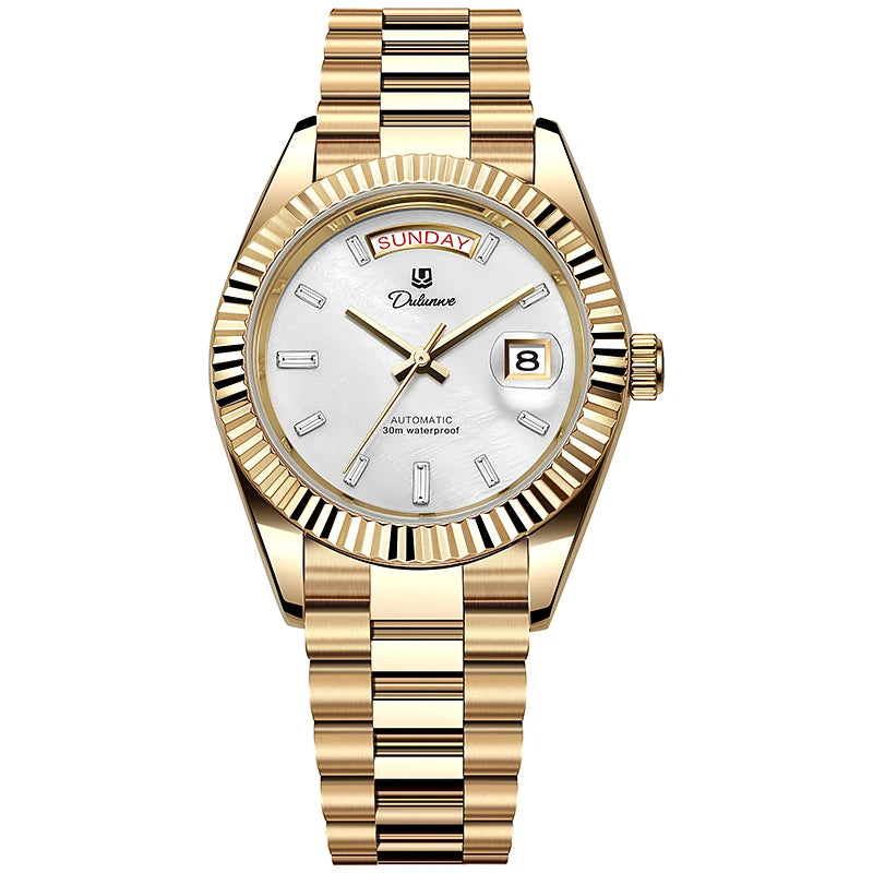 Gold automatic wristwatch with white dial, day and date display, and metallic bracelet